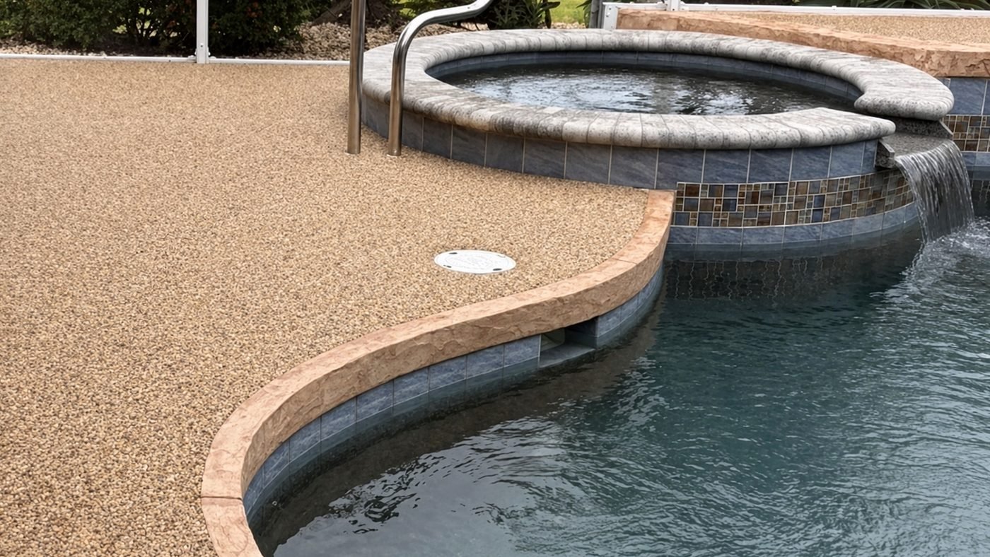 The same pool deck after: warm tan river rock finish with new coping