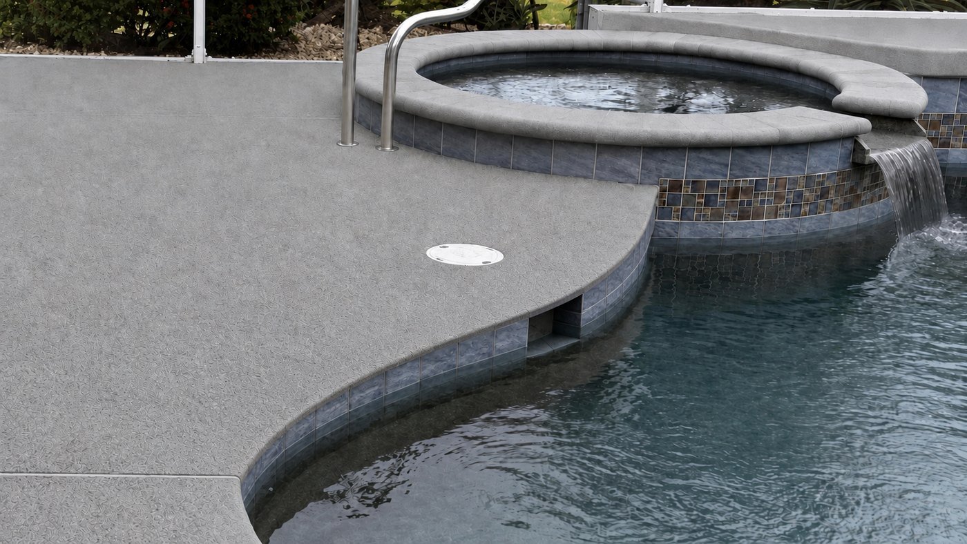 Pool deck before: plain grey textured concrete around the spa and pool edge