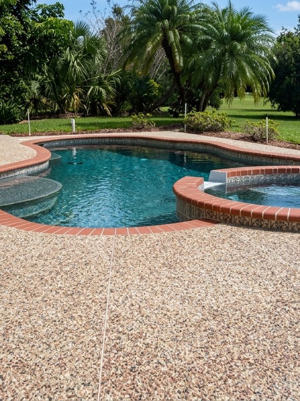 Kidney-shaped pool and spa with a speckled river rock deck and brick-red coping